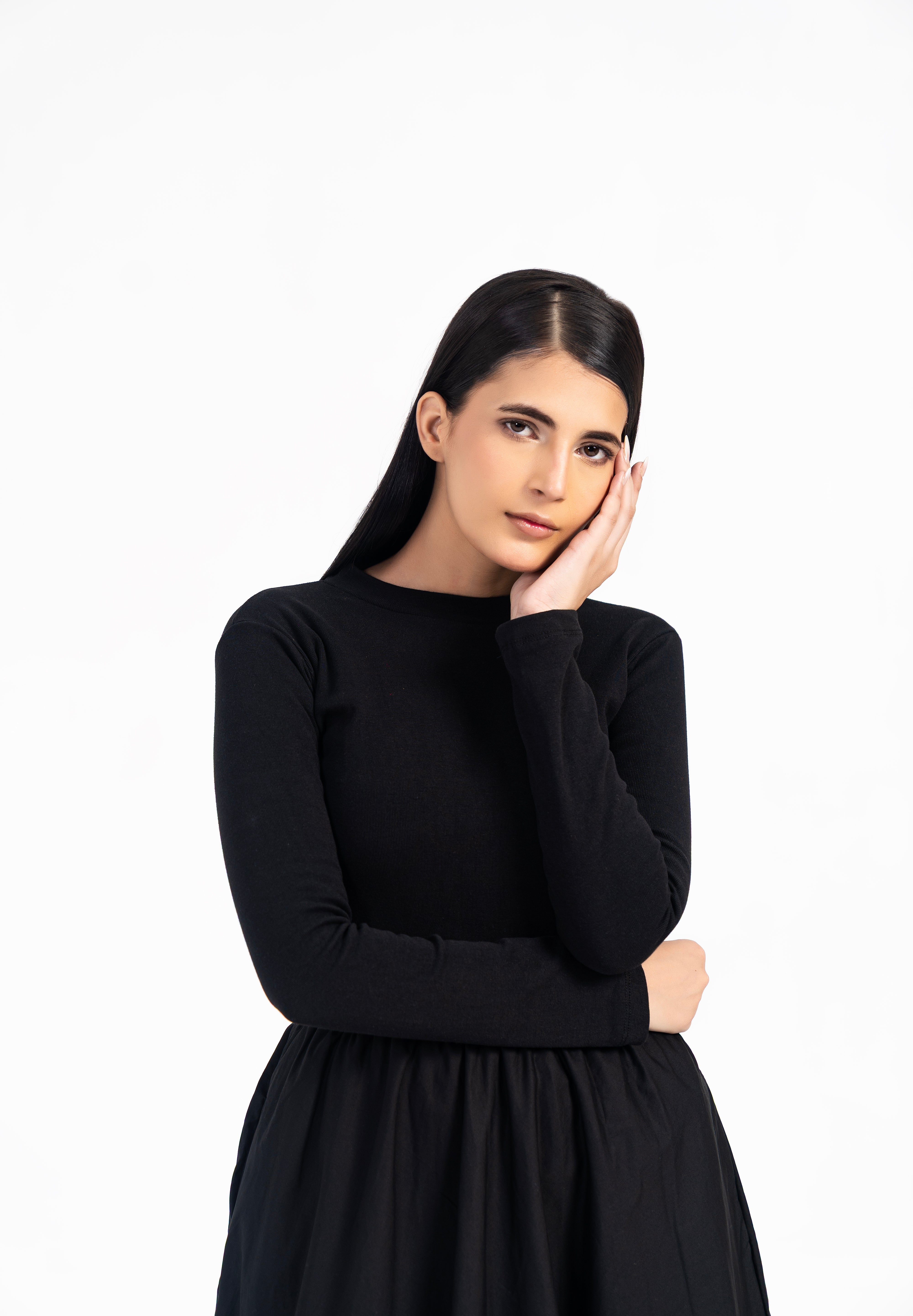 Full Sleeve Ribbed Bubble Hem Dress - Black