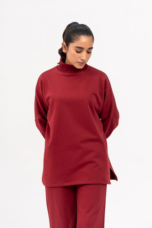 High Neck Fleece Top - Maroon