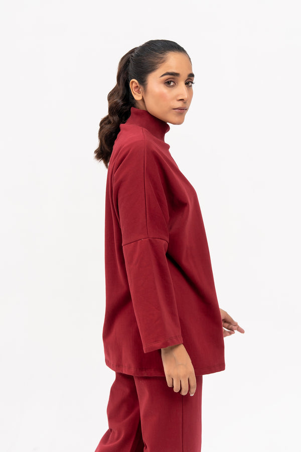 High Neck Fleece Top - Maroon