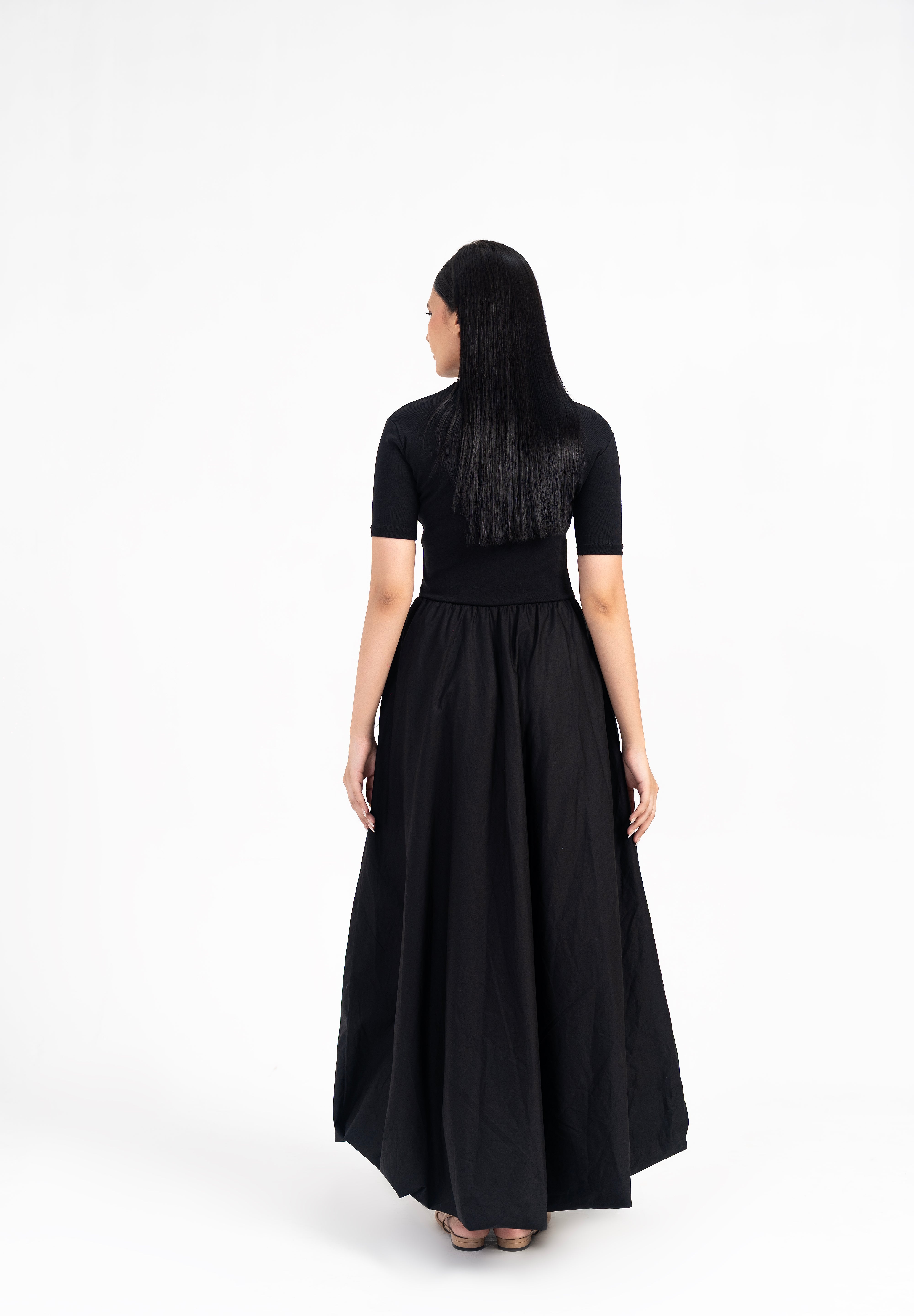 Short Sleeve Ribbed Bubble Hem Dress - Black