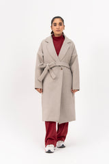 Oversized Belted Wool Coat - Light Grey