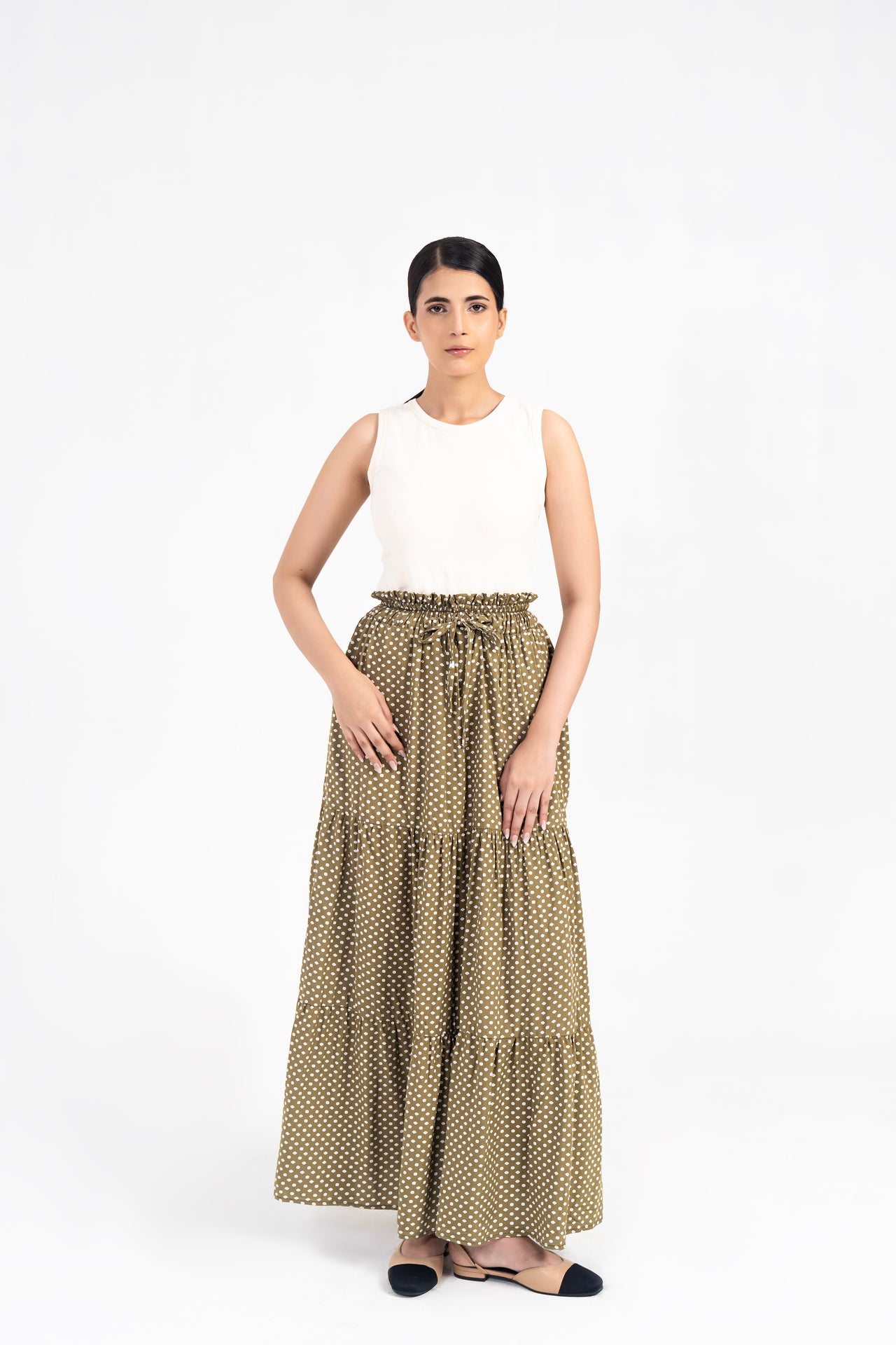 Drawstring Flared Skirt - Olive with White Floral