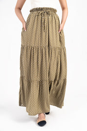 Drawstring Flared Skirt - Olive with White Floral