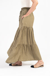 Drawstring Flared Skirt - Olive with White Floral