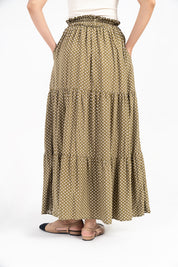 Drawstring Flared Skirt - Olive with White Floral