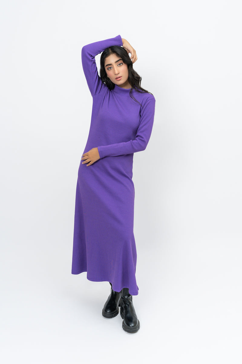 Flared Long Knitted Dress - Purple