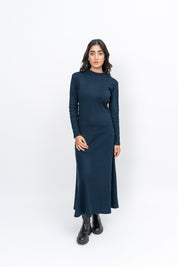 Flared Long Knitted Dress - Navy Blue