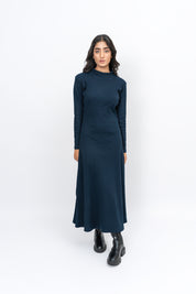 Flared Long Knitted Dress - Navy Blue