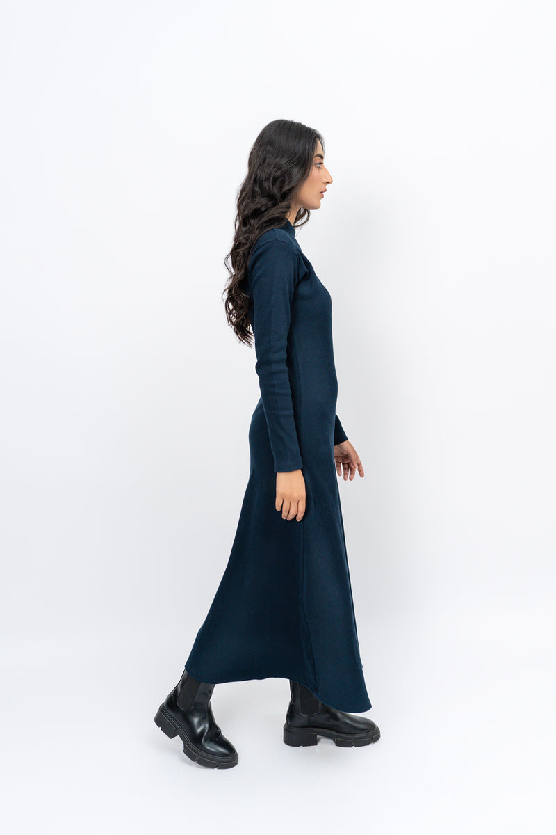Flared Long Knitted Dress - Navy Blue