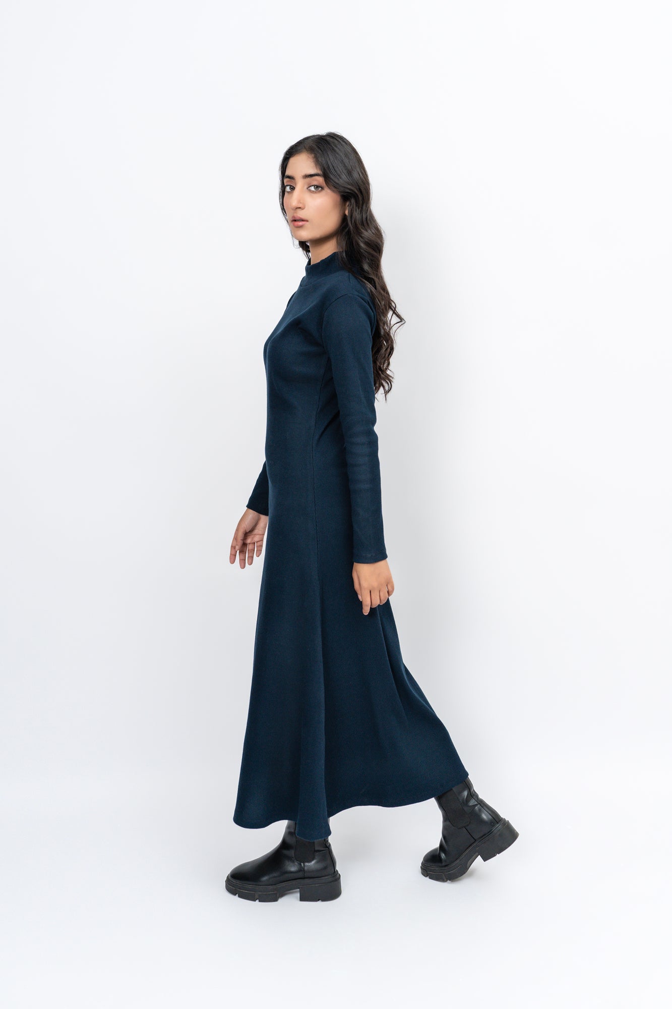 Flared Long Knitted Dress - Navy Blue