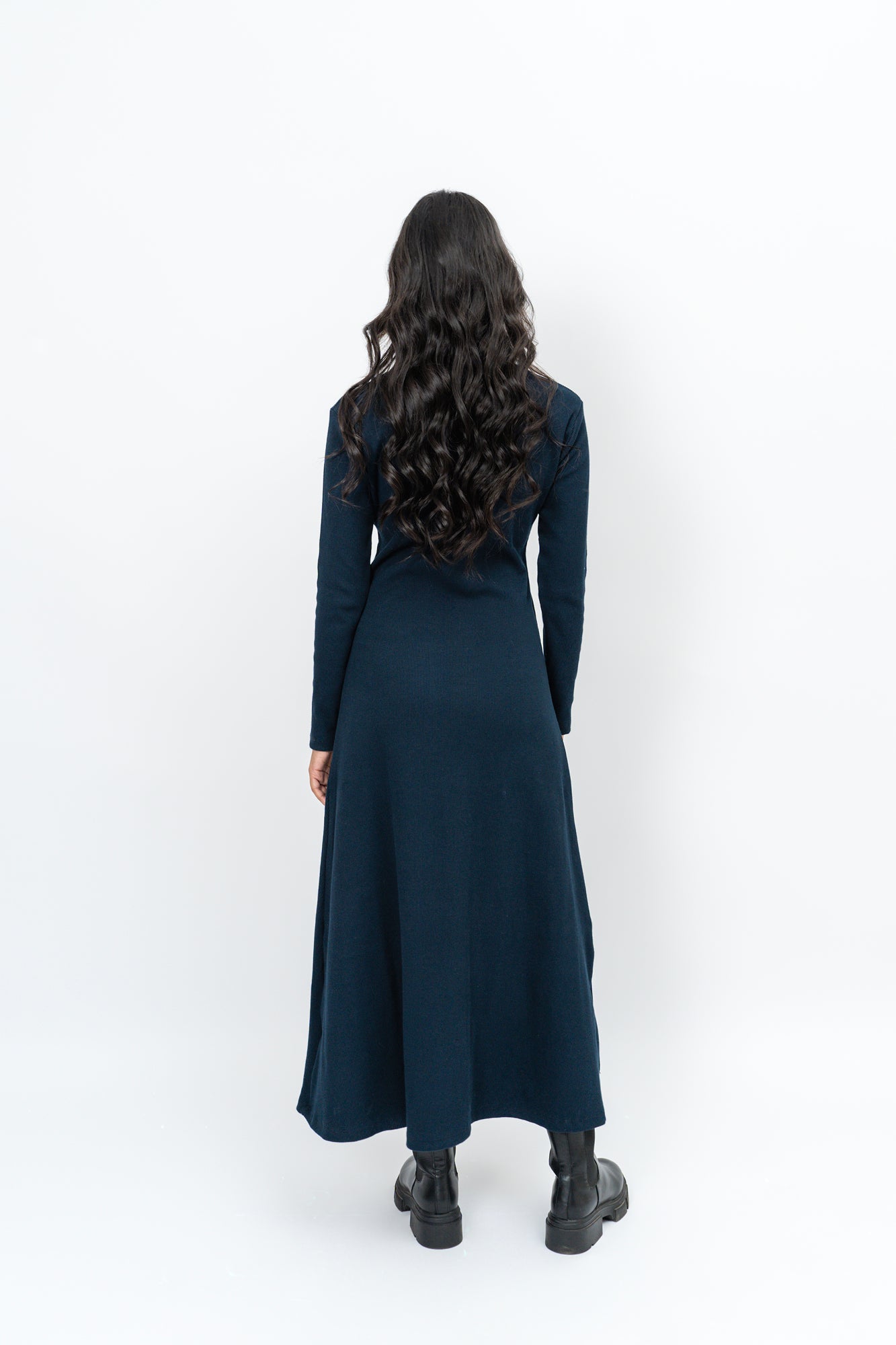 Flared Long Knitted Dress - Navy Blue