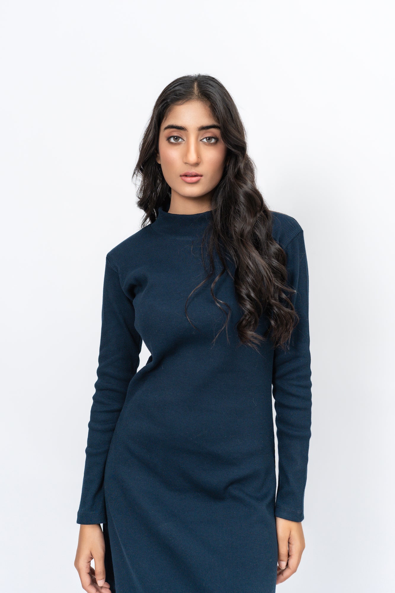 Flared Long Knitted Dress - Navy Blue