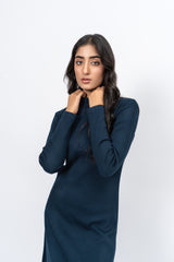 Flared Long Knitted Dress - Navy Blue