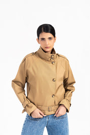 High Collar Crop Trench Coat - Camel Brown