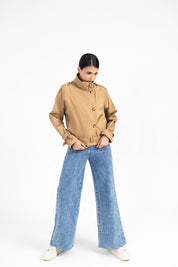 High Collar Crop Trench Coat - Camel Brown