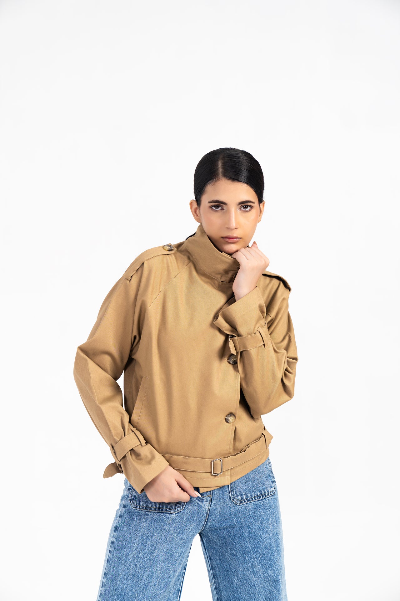 High Collar Crop Trench Coat - Camel Brown