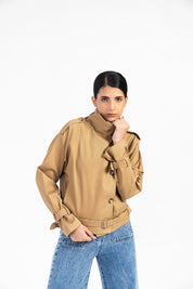 High Collar Crop Trench Coat - Camel Brown