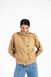 High Collar Crop Trench Coat - Camel Brown