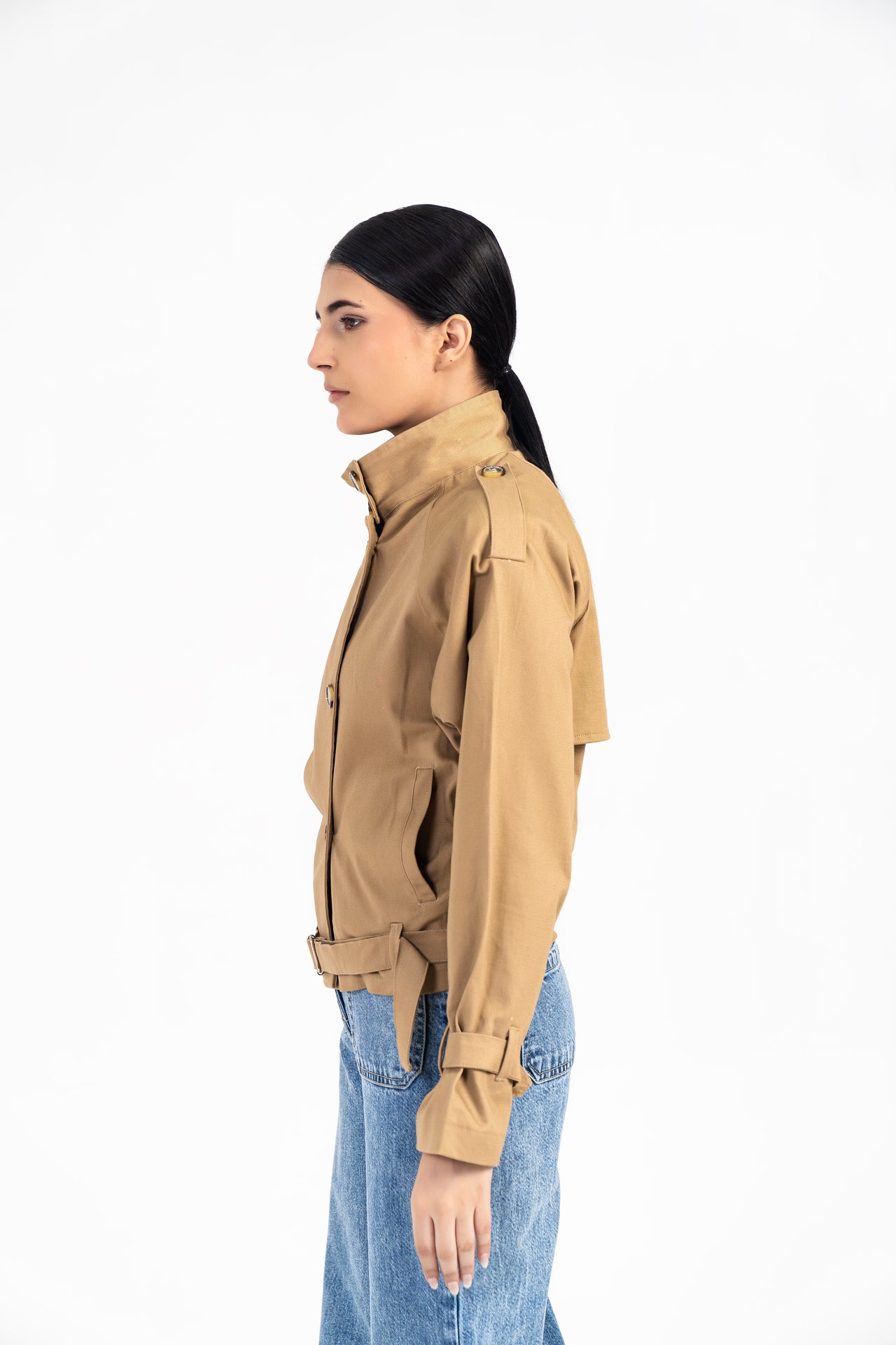 High Collar Crop Trench Coat - Camel Brown