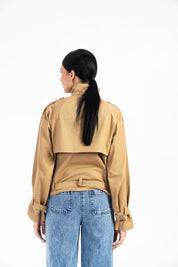 High Collar Crop Trench Coat - Camel Brown