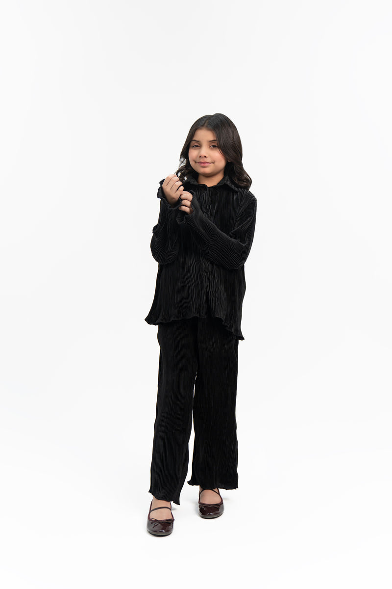 Girls Pleated Fabric Long Sleeve Shirt -  Black