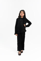 Girls Pleated Fabric Long Sleeve Shirt -  Black