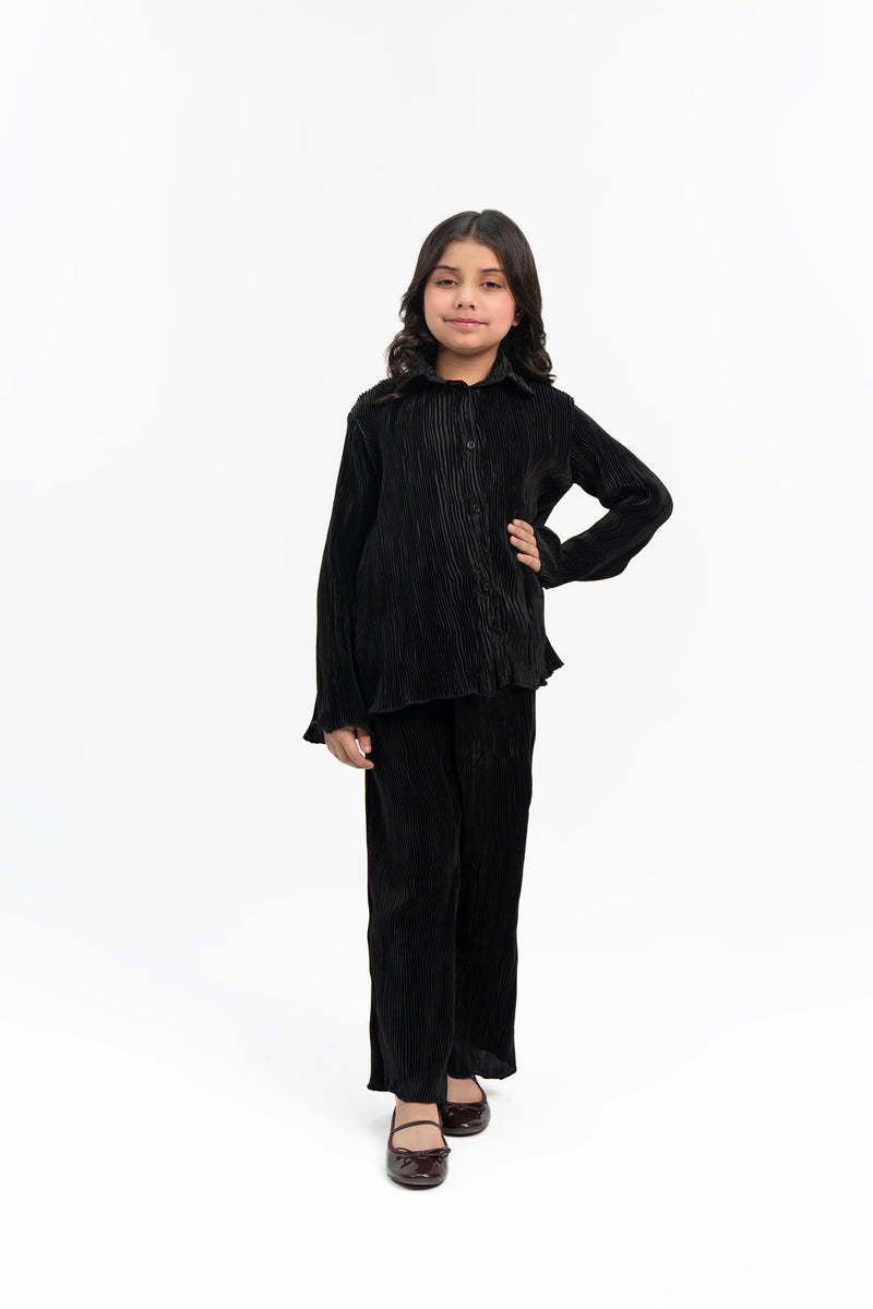 Girls High Waisted Pleated Fabric Pant -  Black