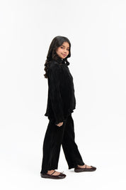 Girls Pleated Fabric Long Sleeve Shirt -  Black