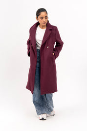 Double Breasted Wool Coat - Plum