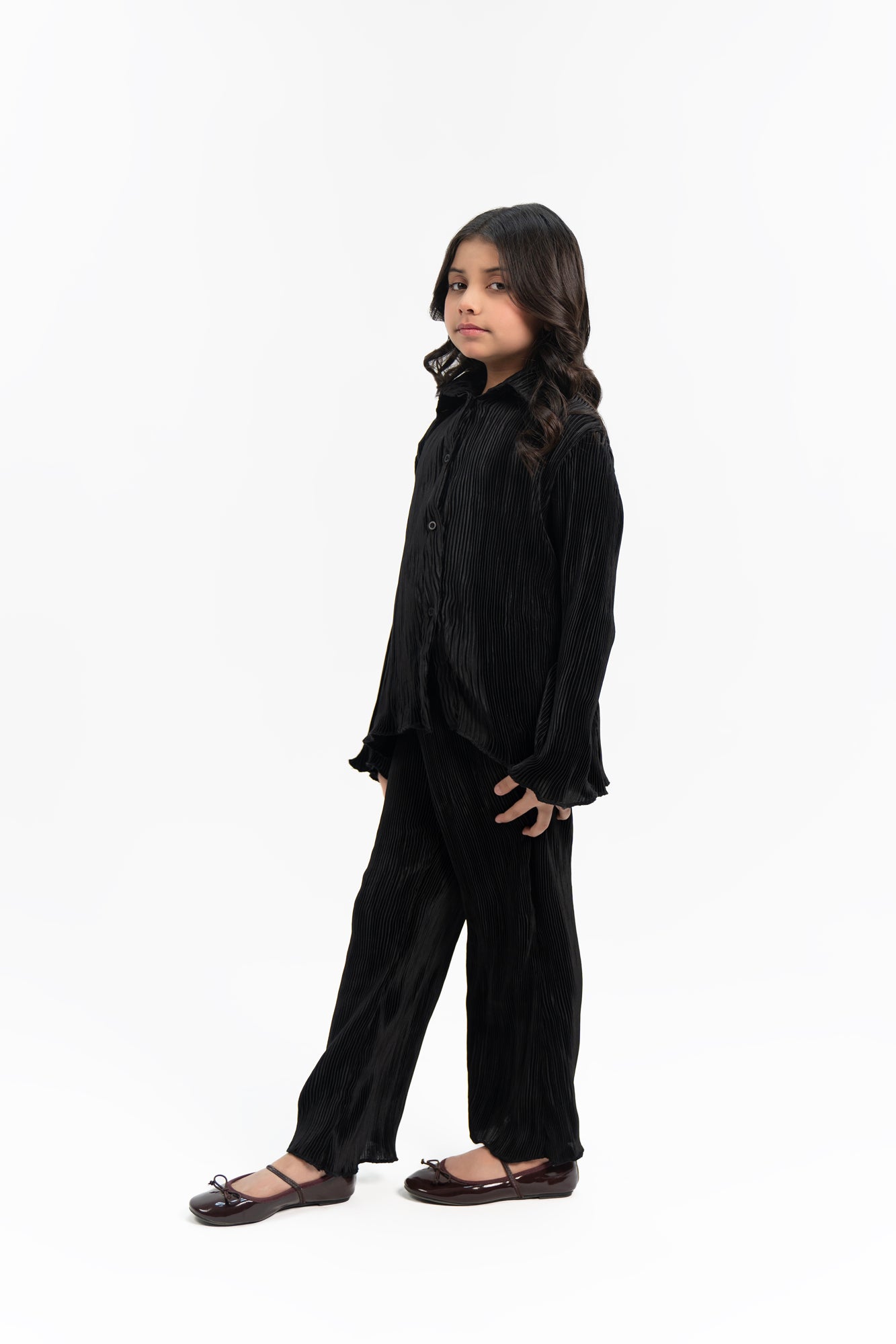 Girls Pleated Fabric Long Sleeve Shirt -  Black
