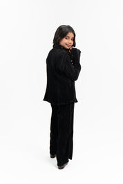 Girls Pleated Fabric Long Sleeve Shirt -  Black