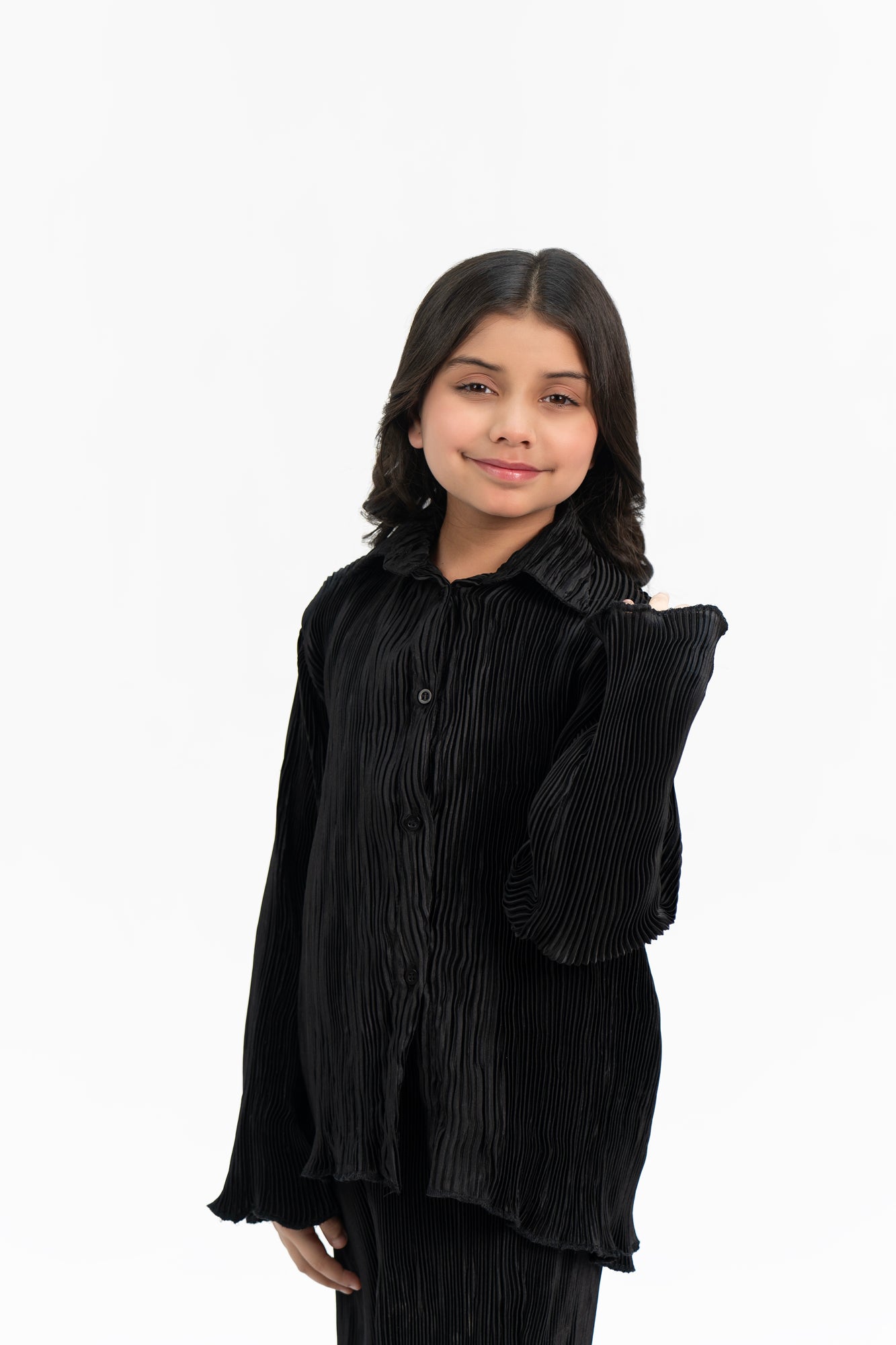 Girls Pleated Fabric Long Sleeve Shirt -  Black