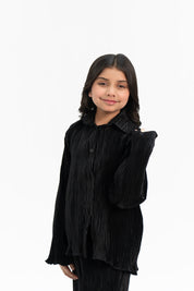 Girls Pleated Fabric Long Sleeve Shirt -  Black