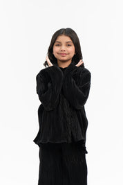 Girls Pleated Fabric Long Sleeve Shirt -  Black