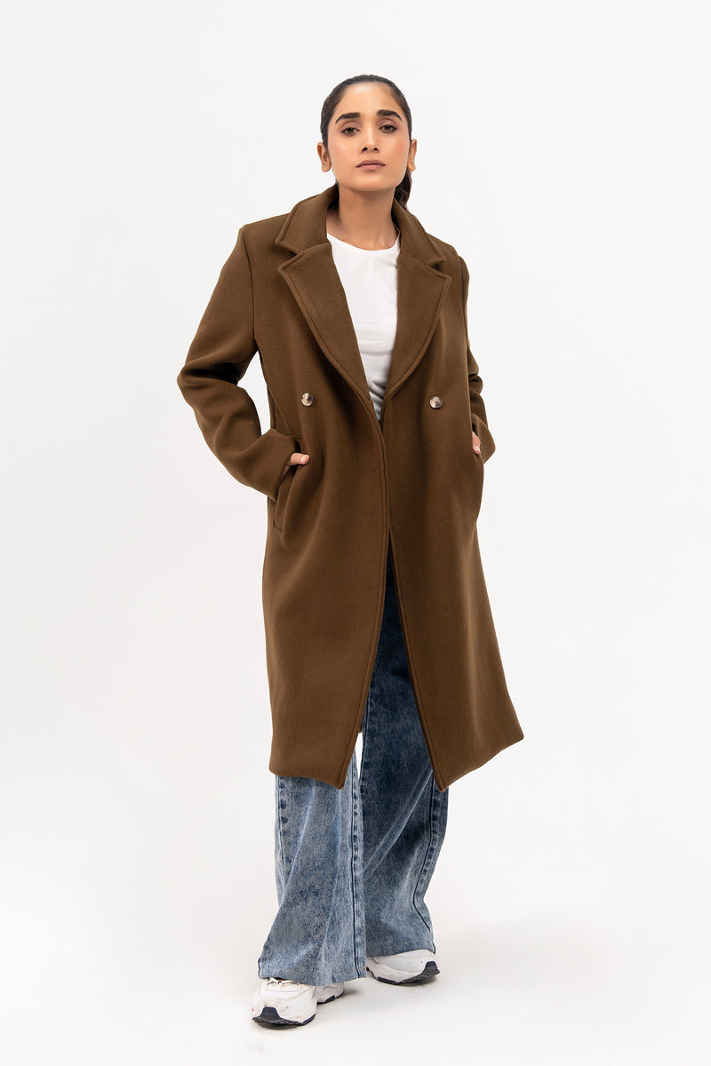 Double Breasted Wool Coat - Greenish Brown