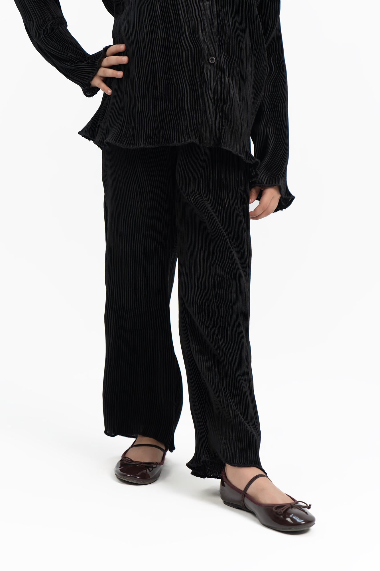 Girls High Waisted Pleated Fabric Pant -  Black