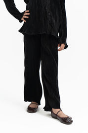 Girls High Waisted Pleated Fabric Pant -  Black