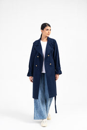Double Breasted Trench Coat - Navy Blue