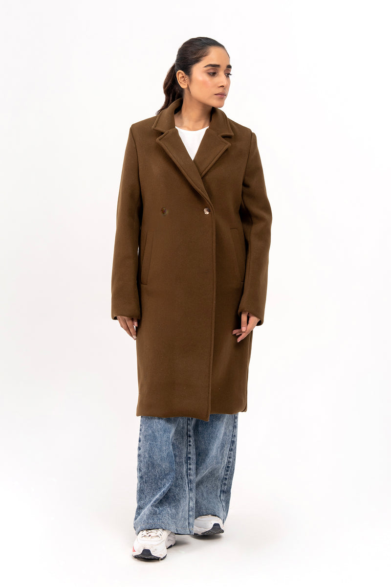 Classic One Button Wool Coat - Greenish Brown