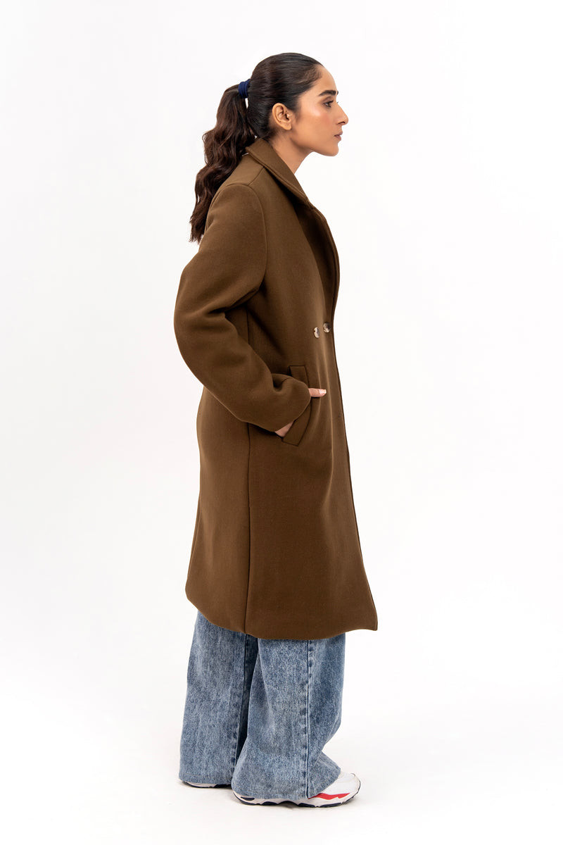 Classic One Button Wool Coat - Greenish Brown