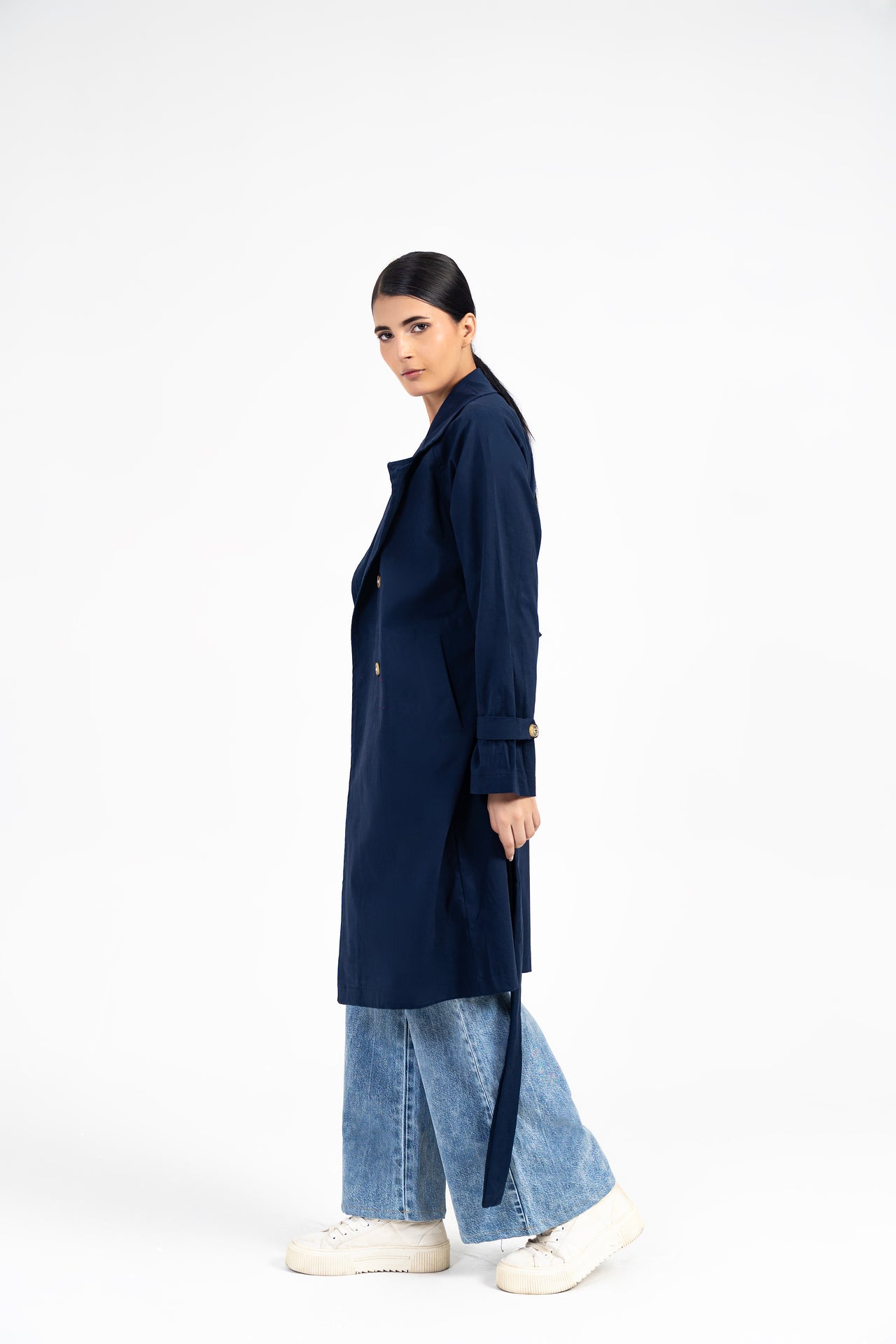 Double Breasted Trench Coat - Navy Blue