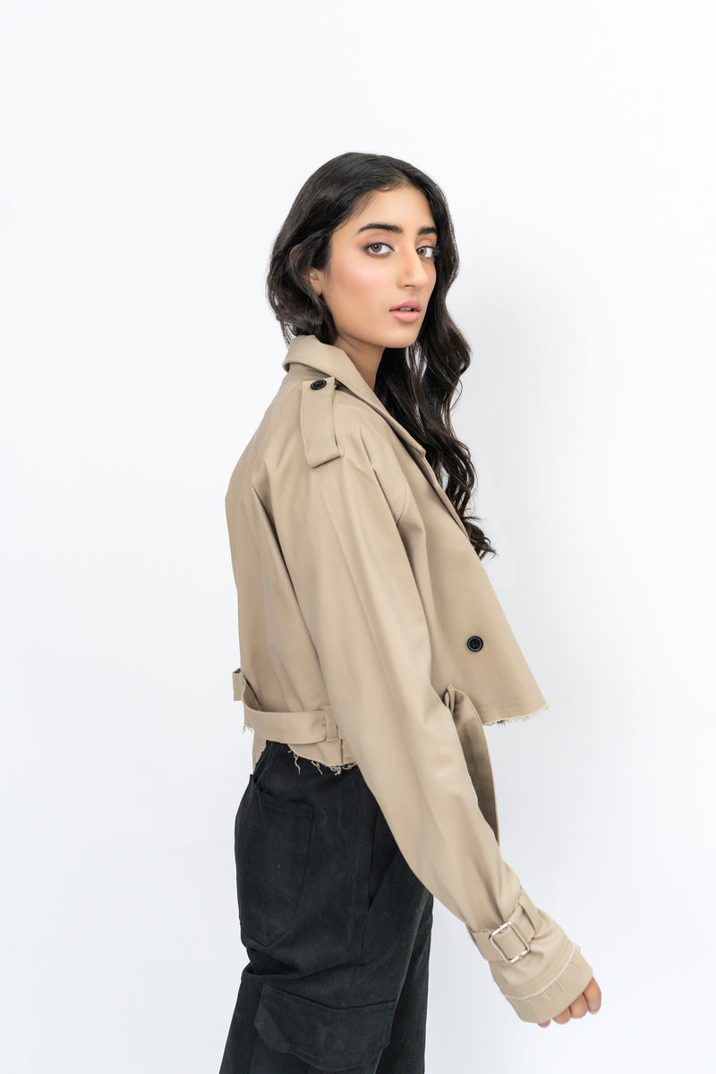 Oversized Cropped Trench Coat - Beige