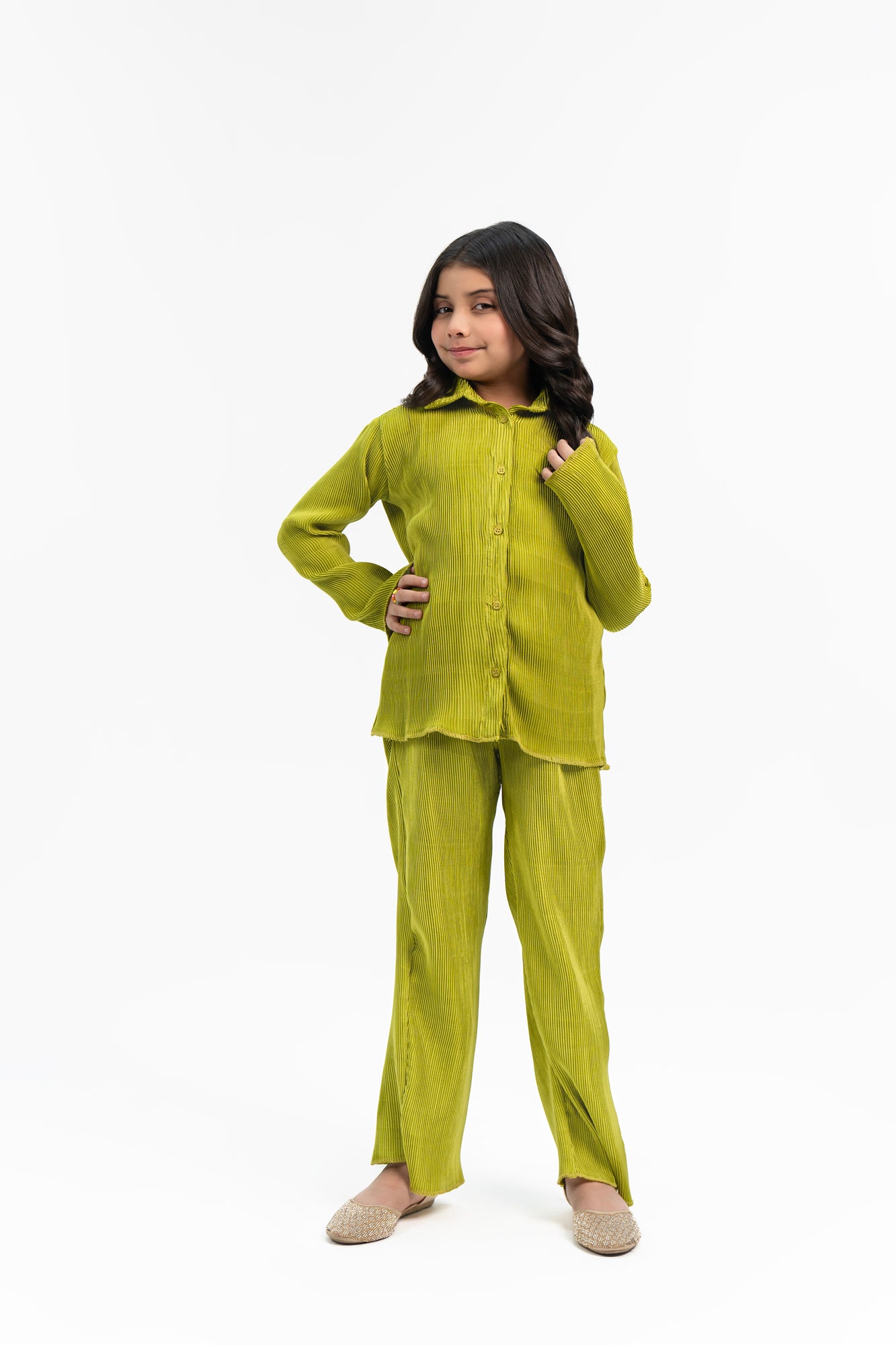 Girls Pleated Fabric Long Sleeve Shirt -  Lime Green