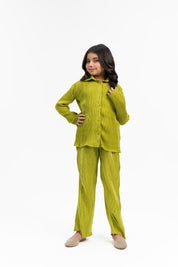 Girls Pleated Fabric Long Sleeve Shirt -  Lime Green