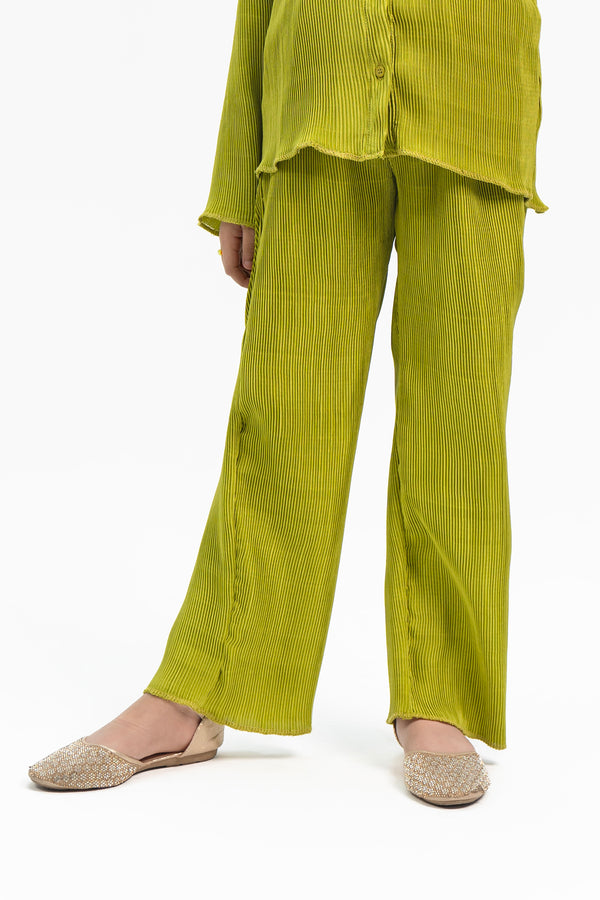 Girls High Waisted Pleated Fabric Pant -  Lime Green