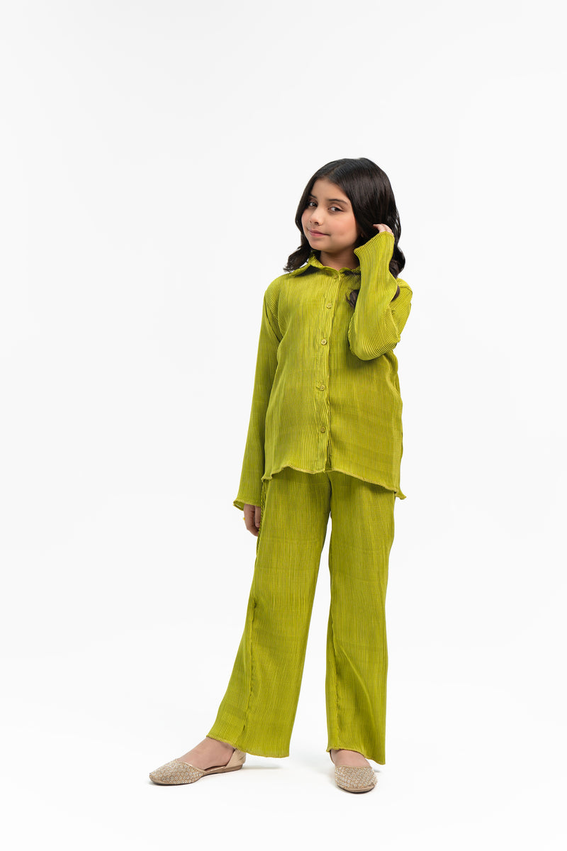 Girls Pleated Fabric Long Sleeve Shirt -  Lime Green