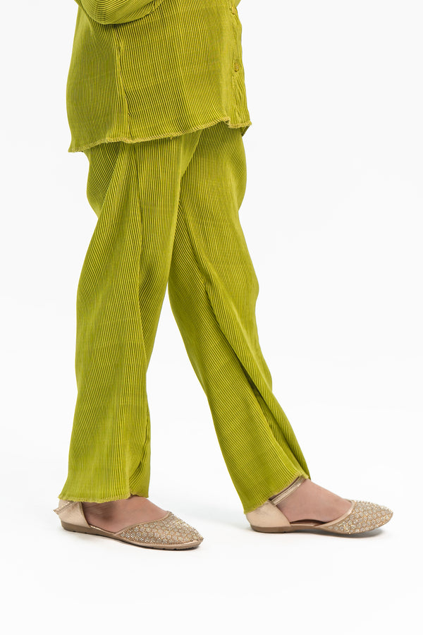 Girls High Waisted Pleated Fabric Pant -  Lime Green