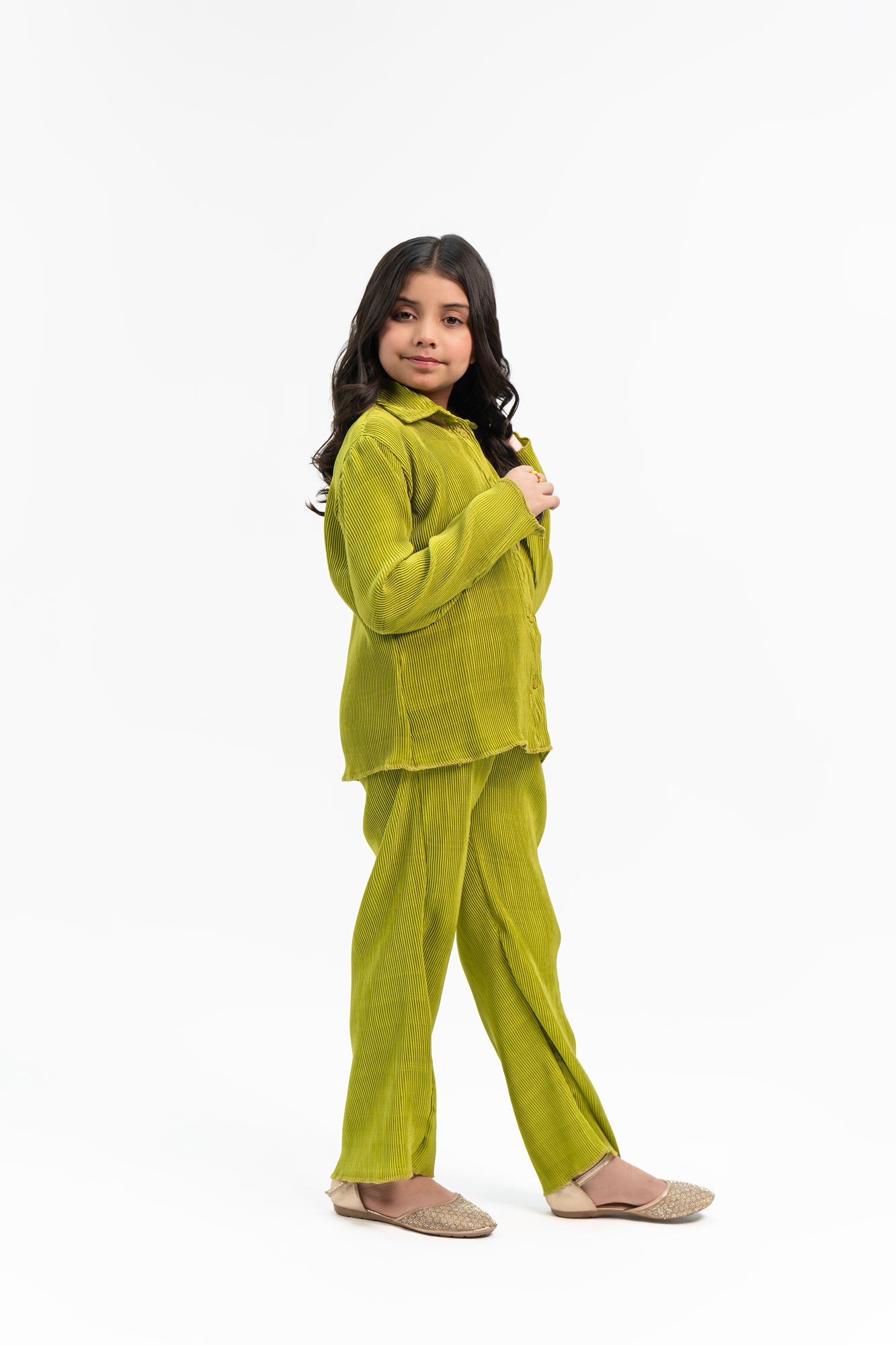 Girls Pleated Fabric Long Sleeve Shirt -  Lime Green