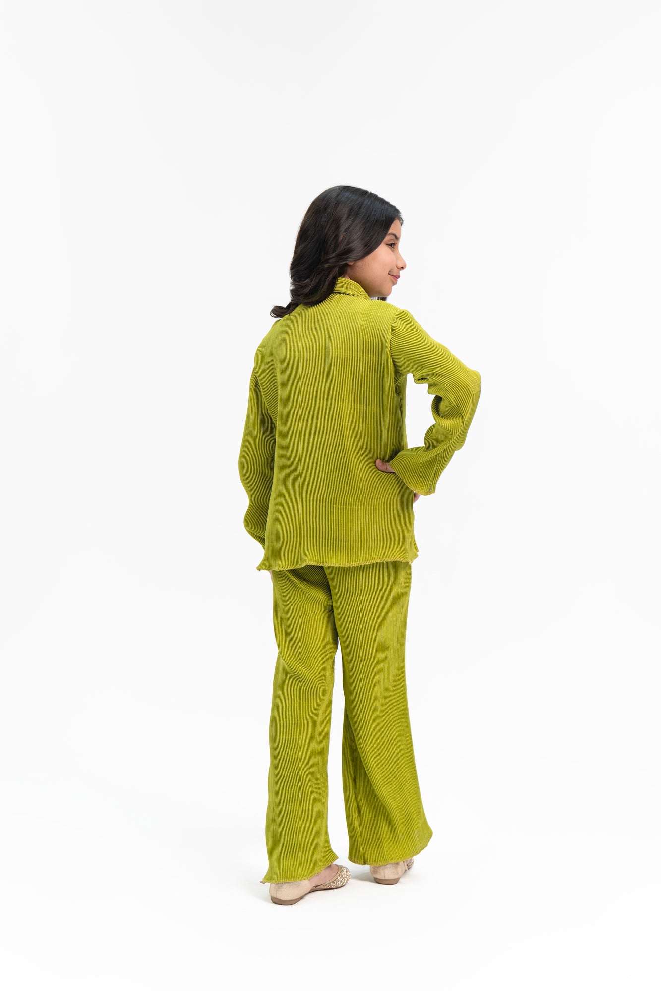Girls Pleated Fabric Long Sleeve Shirt -  Lime Green
