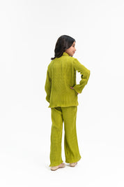 Girls Pleated Fabric Long Sleeve Shirt -  Lime Green
